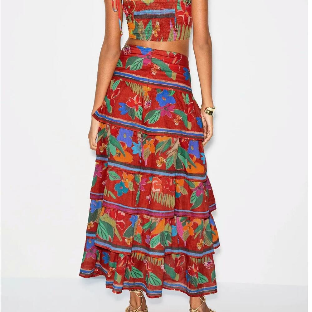 Marie Oliver Red Floral Tiered Ruffle Maxi Skirt SIZE 2 Boho Vacation Full $425 - Picture 2 of 13
